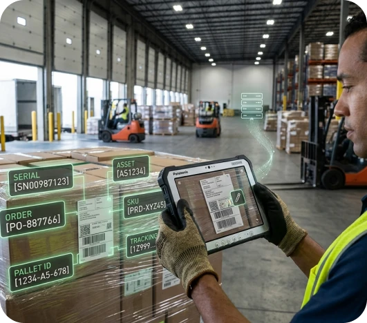 Tablet showing AI-detected label fields overlaid on a wrapped pallet