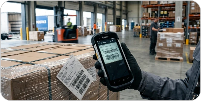 Warehouse worker scanning a pallet label with a rugged handheld scanner
