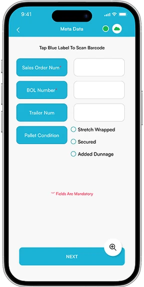 App screen for entering shipment metadata before scanning