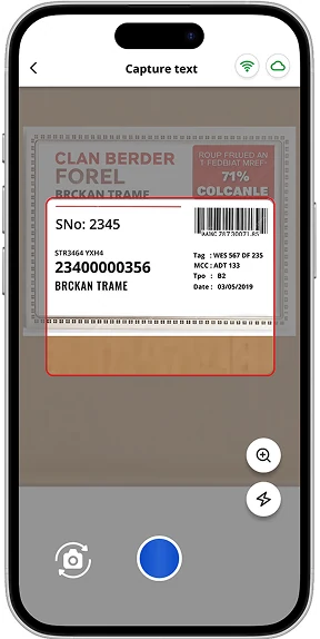 App screen capturing a warehouse label with the camera