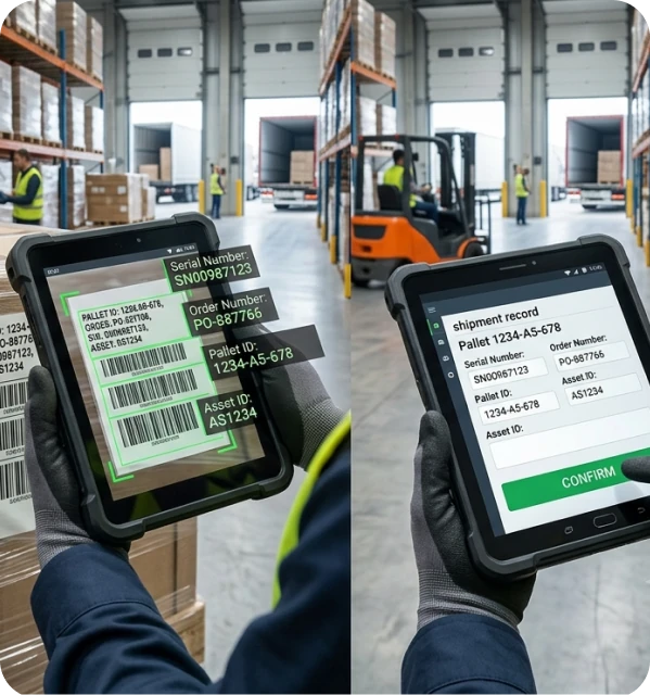Tablet capturing structured label data beside a warehouse pallet