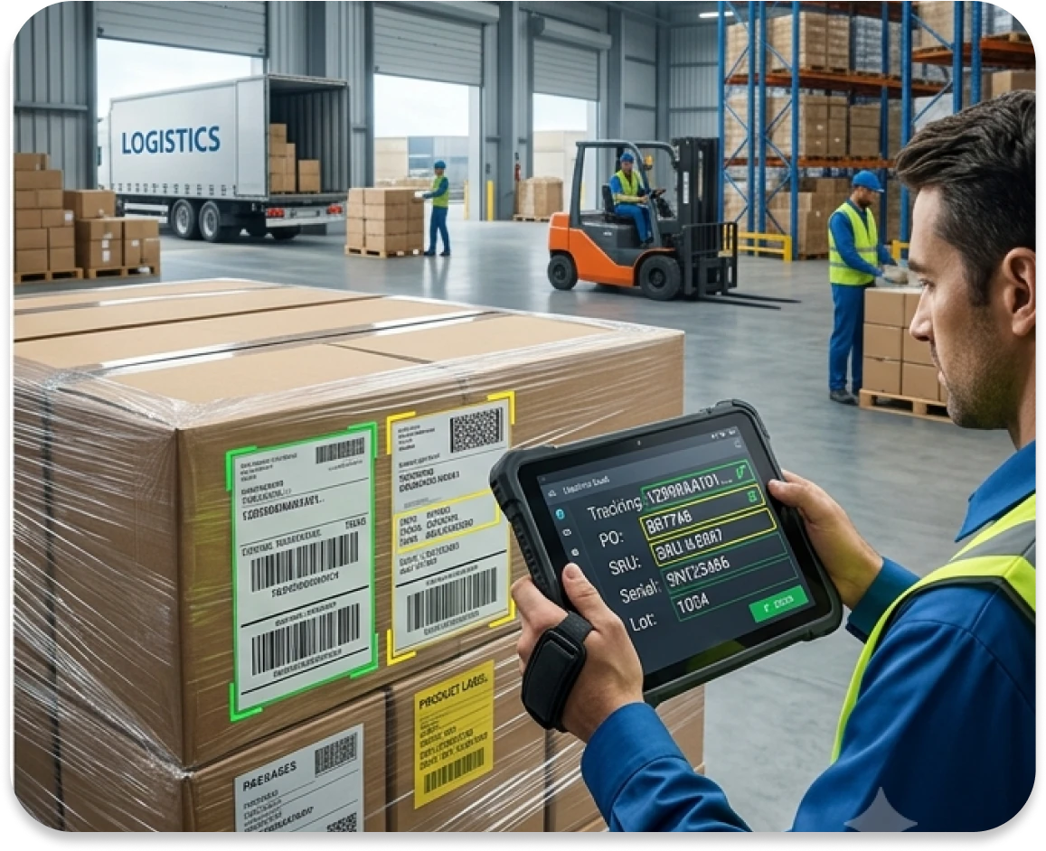 Warehouse worker scanning shrink-wrapped pallet labels with a rugged tablet