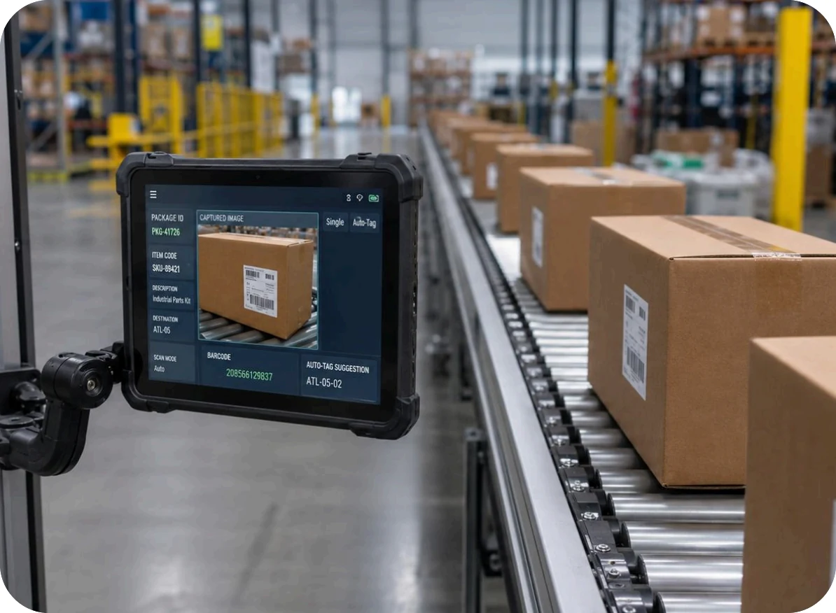 Rugged tablet mounted beside a conveyor showing a captured carton image with its package ID, barcode and auto-tag suggestion