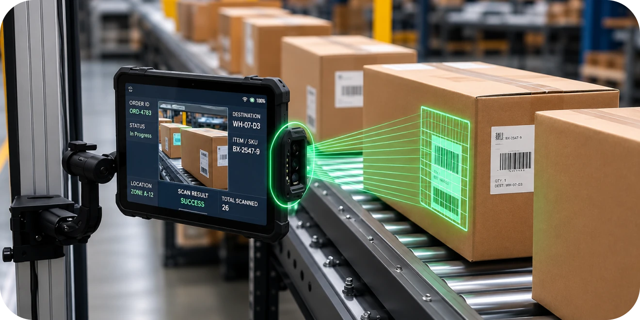 Mounted scanner reading a barcode on a carton on a conveyor while a rugged tablet shows the order ID, destination and scan result
