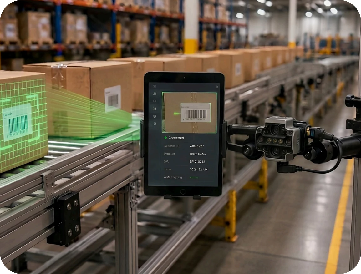 Multi-lens scanner mounted over a conveyor projecting a green scan field onto a passing carton while a tablet shows the live capture