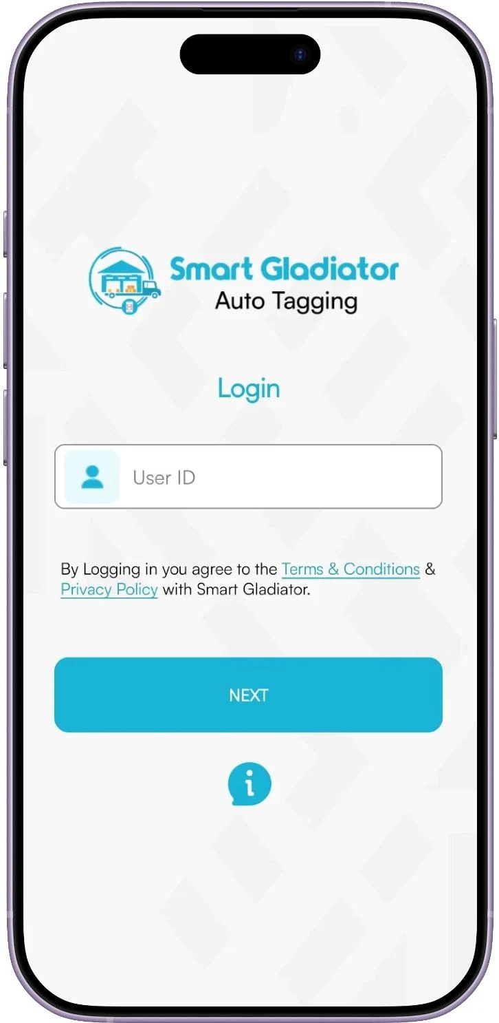 Smart Gladiator Auto Tagging login screen with the User ID field