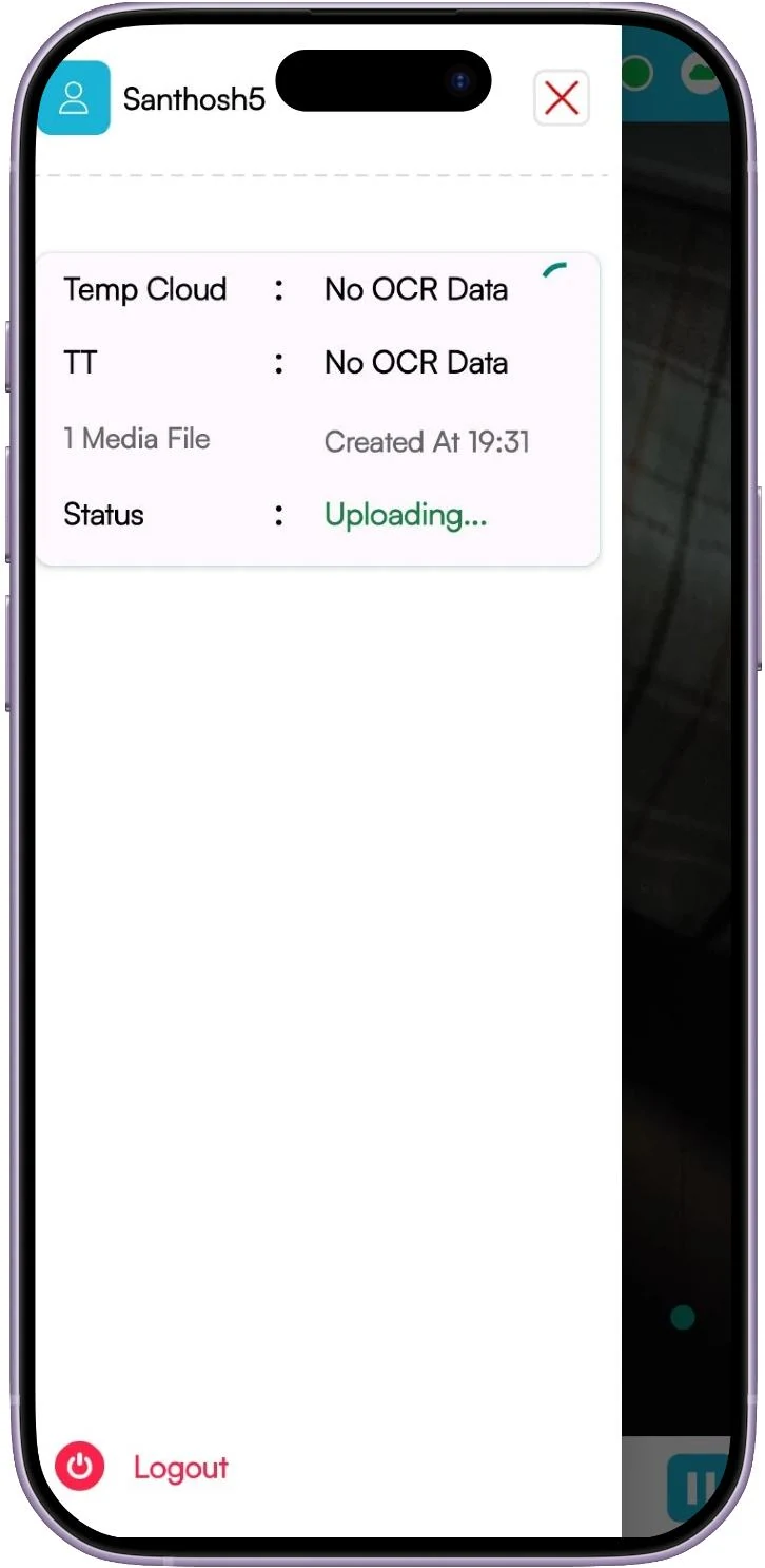 App screen showing the captured media file uploading with its status
