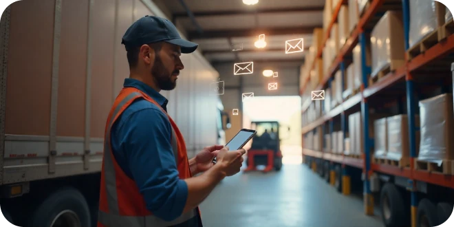 Warehouse associate reviewing customer documentation on a mobile device