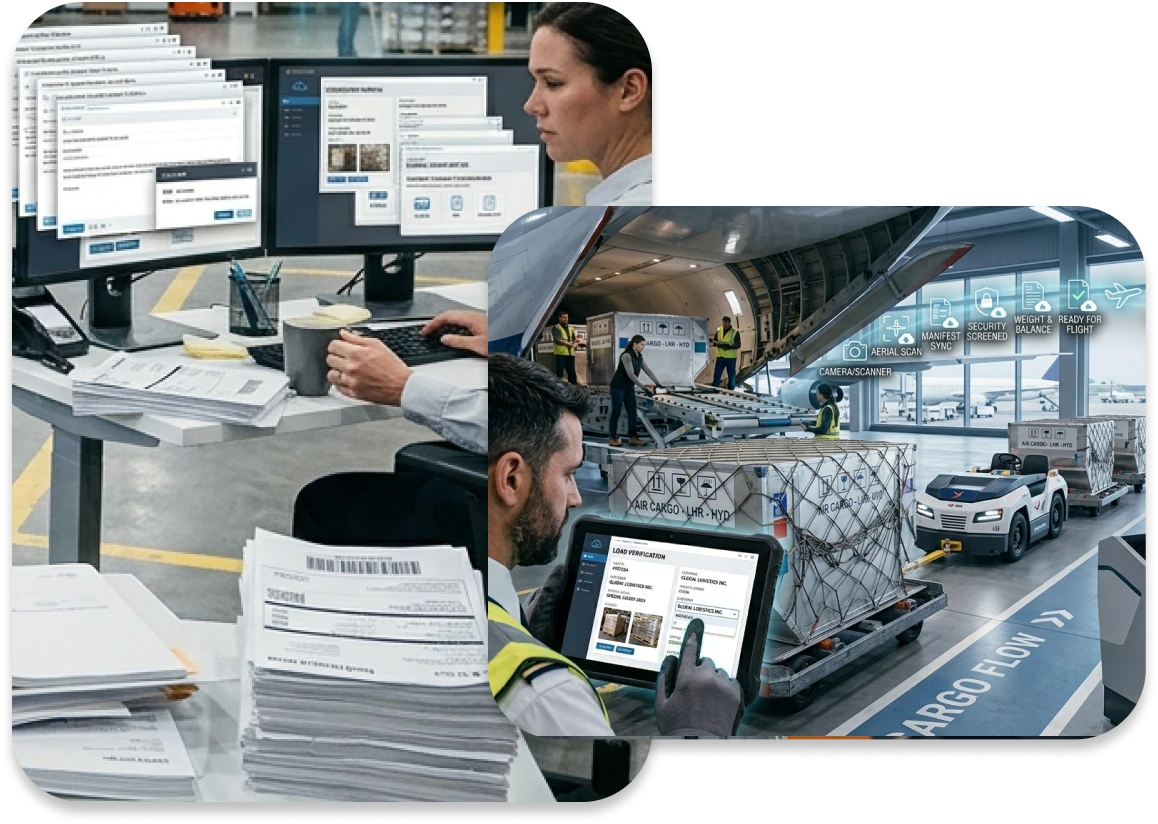 Administrator forwarding load documentation by email beside an automated air cargo verification workflow