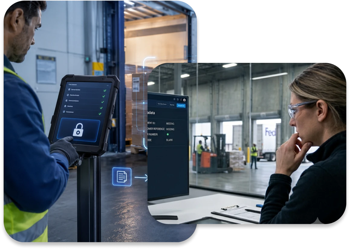 Dock operator completing metadata fields on a kiosk while a manager reviews the same record on screen