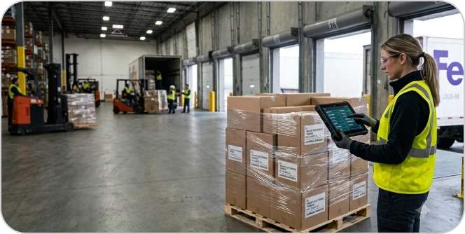 Warehouse operator checking shipment details on a rugged tablet beside a loaded pallet
