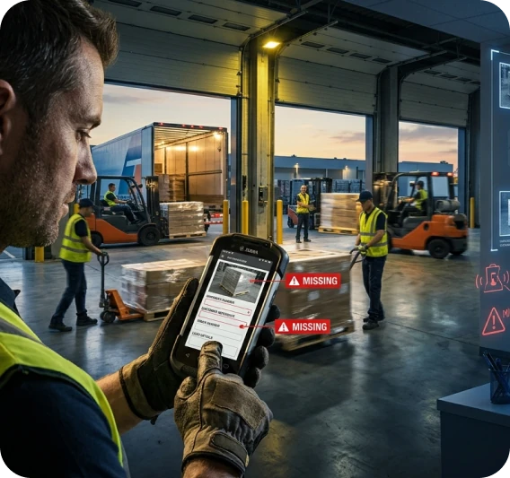 Dock worker photographing a load on a handheld while missing-metadata warnings appear on screen