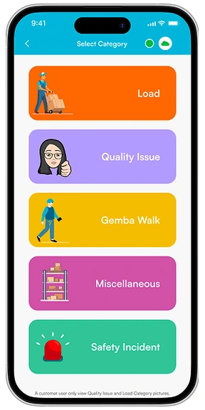 App screen showing the category picker with Load, Quality Issue, Gemba Walk, Miscellaneous and Safety Incident
