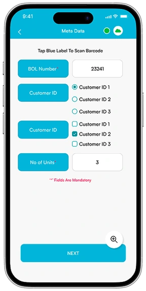 App screen showing BOL number, customer ID and unit count fields filled in before capture