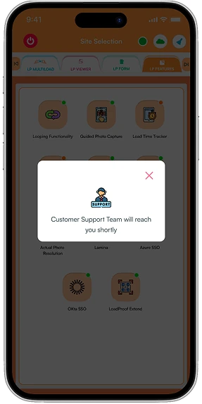 App dialog confirming the support team will be in touch