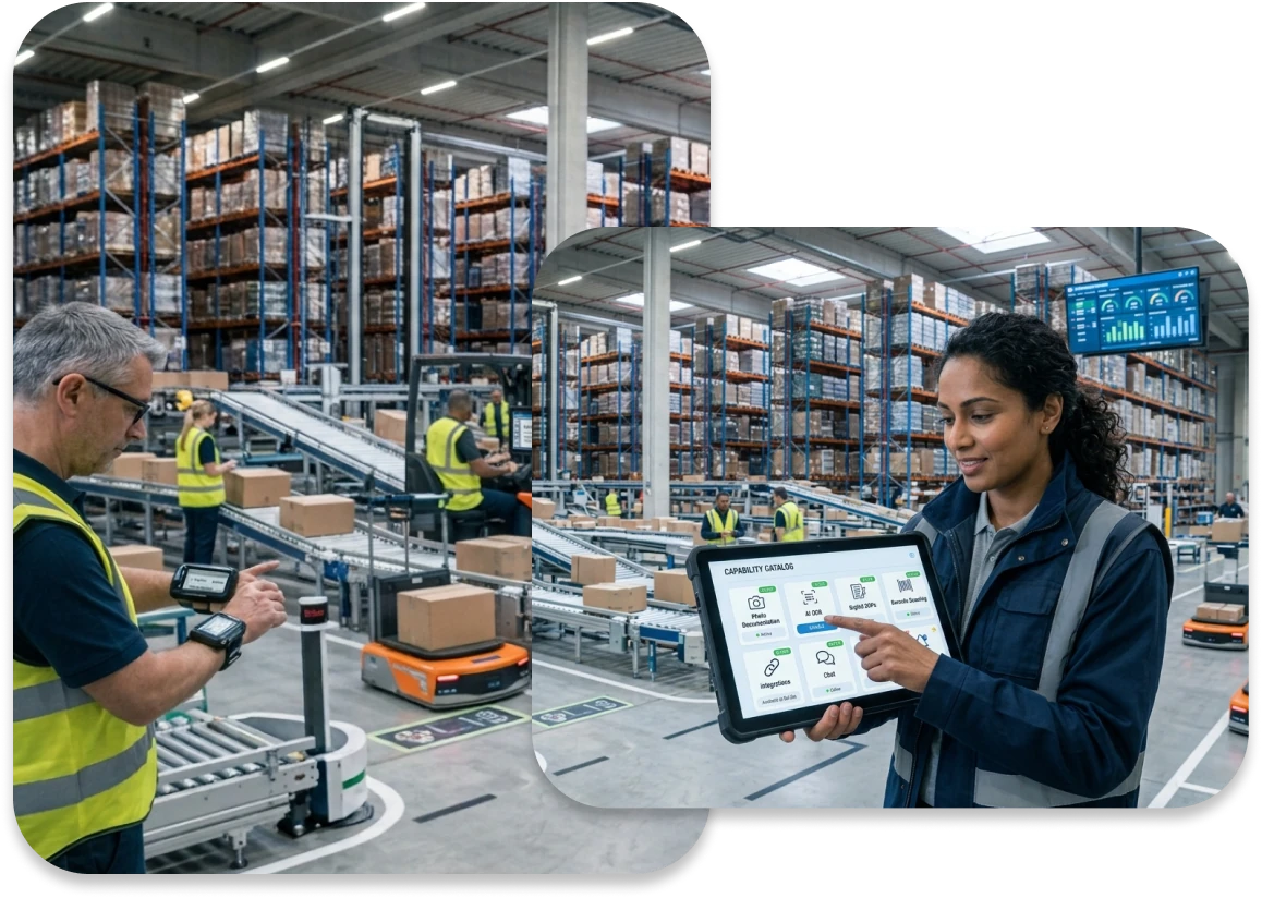 Two warehouse workers using LoadProof — one scanning with a wearable, one browsing the capability catalog on a tablet