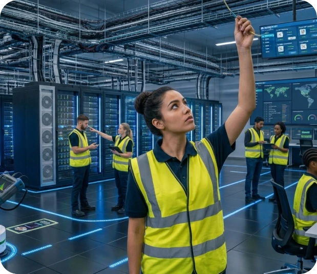 Technician reviewing live operations dashboards in a data center