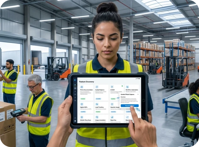 Warehouse supervisor exploring the Feature Discovery catalog on a tablet