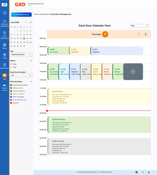 Dock door calendar view in LoadProof YMS showing carrier bookings across the day