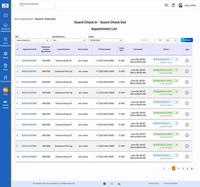 Guard check-in and check-out list in LoadProof YMS with timestamped status for each driver
