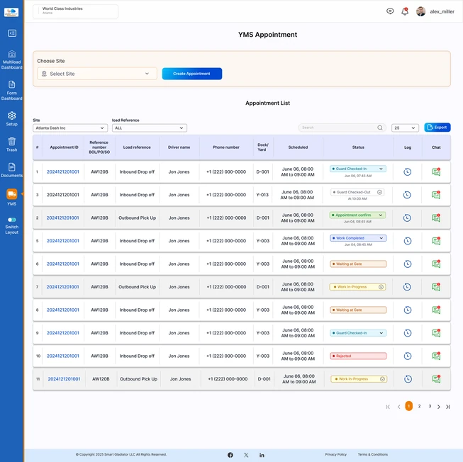 LoadProof YMS appointment list showing dock and yard assignments with live status for each visit