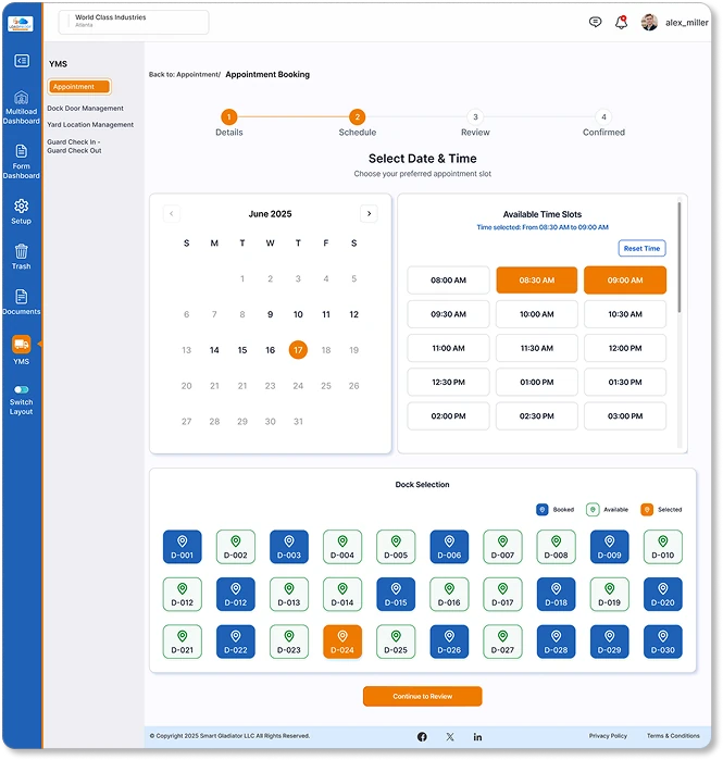 Appointment scheduling calendar in LoadProof YMS