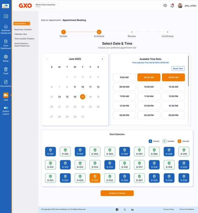 Appointment booking screen in LoadProof YMS showing date, time-slot and dock selection