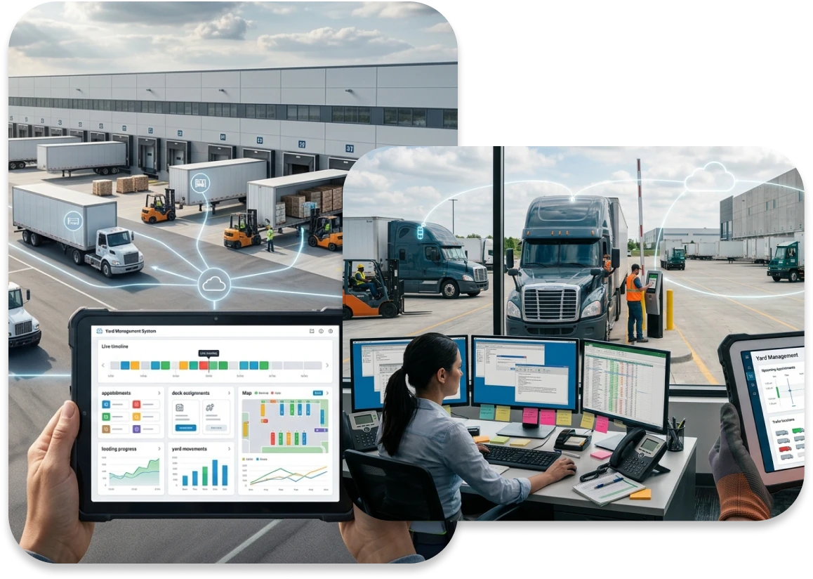 Yard operations dashboard alongside trucks and trailers moving through a warehouse yard