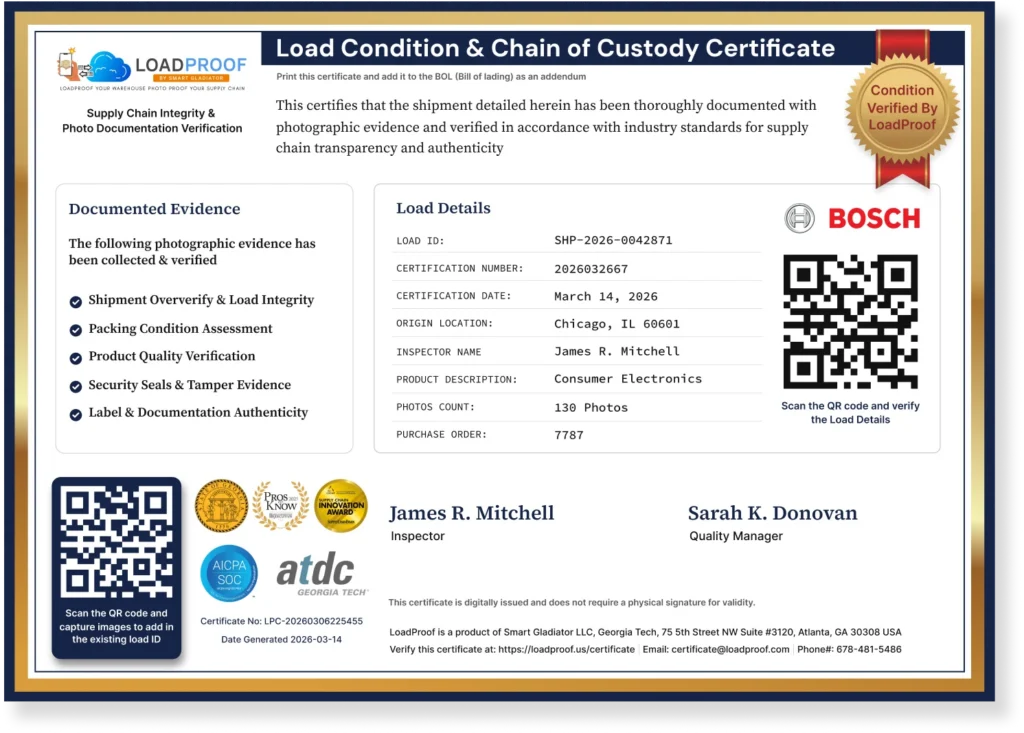 Load Condition Chain Of Custody Certificate LoadProof