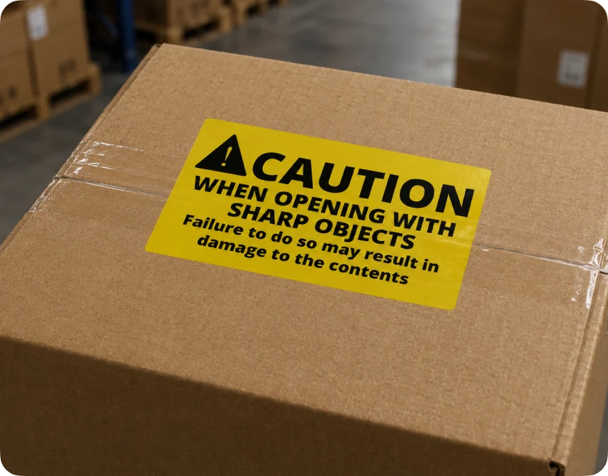 Caution label when opening with sharp objects