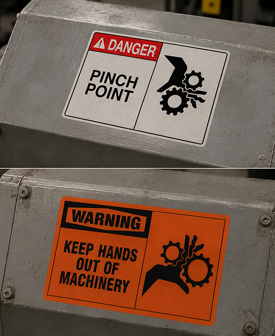 Danger: Pinch Point" and "Warning: Keep Hands Out of Machinery