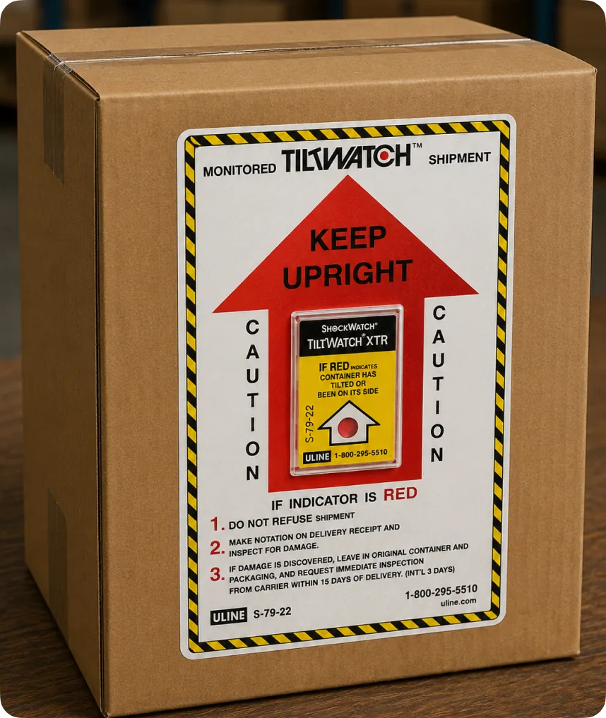 Shipping carton with a TiltWatch XTR tilt indicator and a red KEEP UPRIGHT arrow label