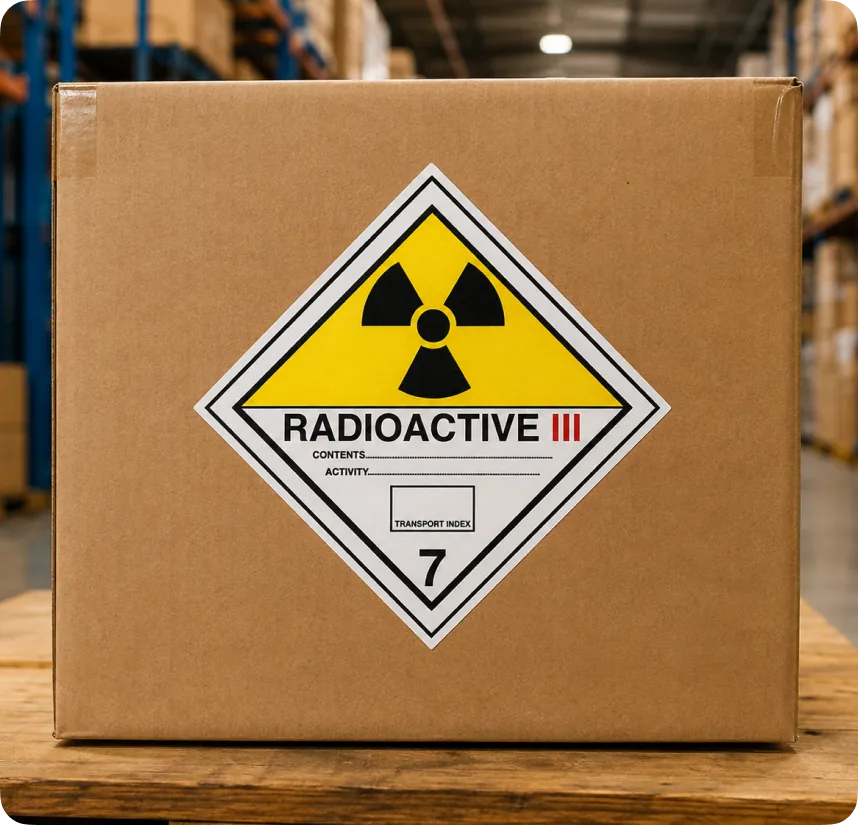 Carton on a pallet with a yellow RADIOACTIVE III Class 7 hazard diamond label