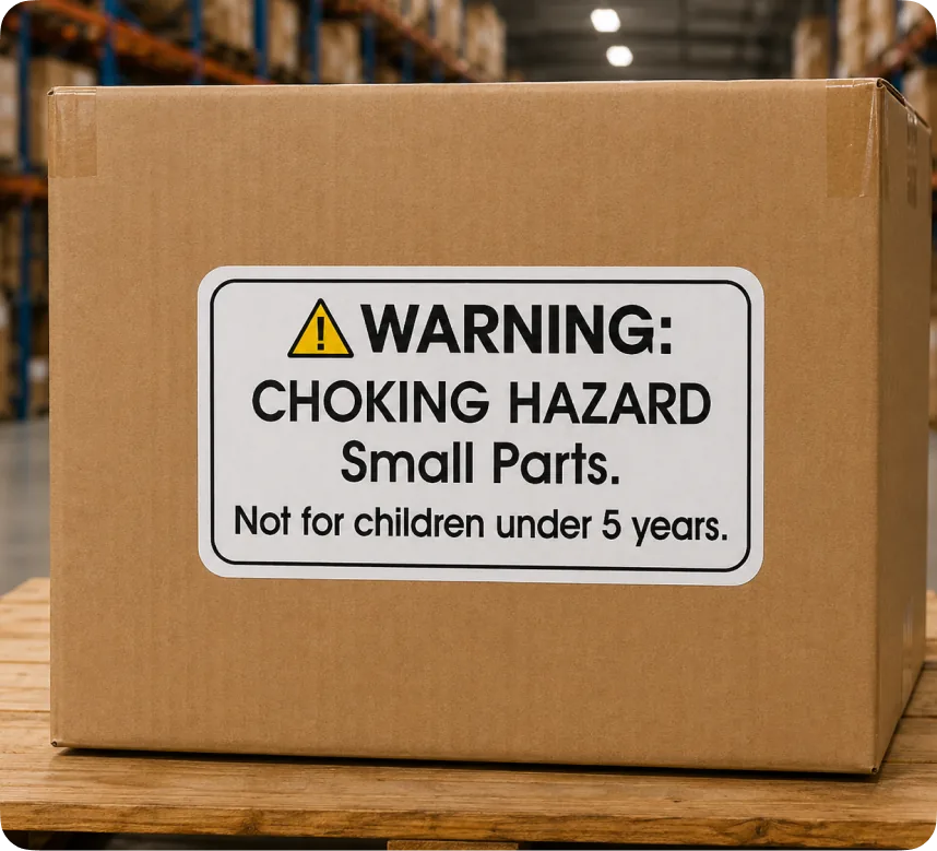 Carton with a WARNING CHOKING HAZARD Small Parts label, not for children under 5 years