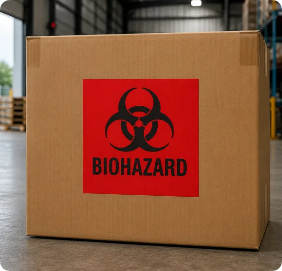 Carton with a red and black BIOHAZARD symbol label
