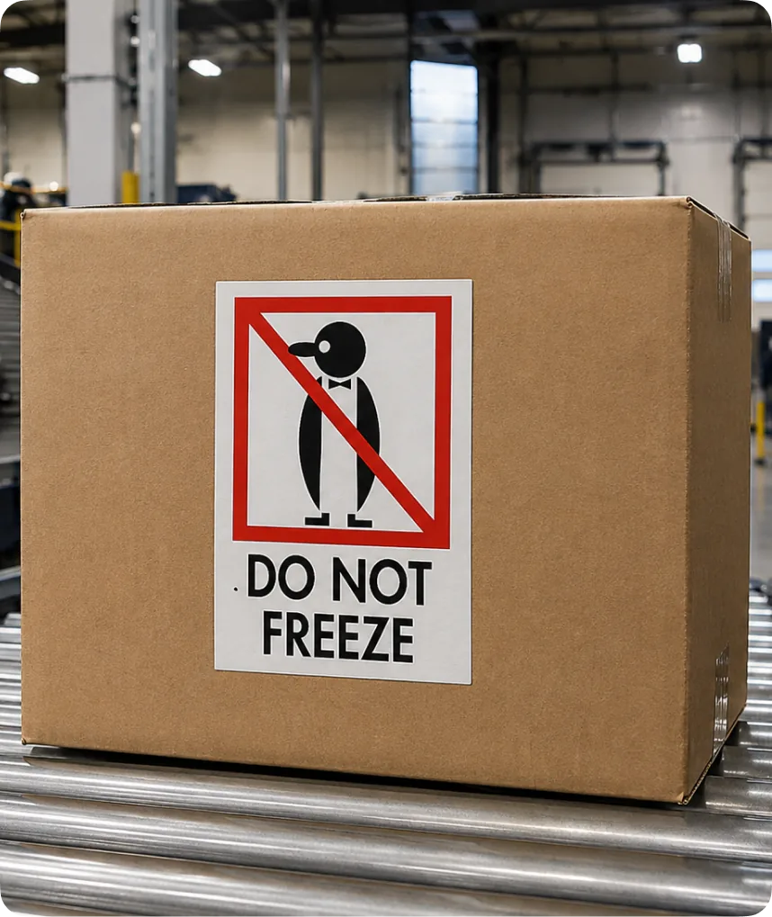Carton with a red and white DO NOT FREEZE label showing a crossed-out penguin symbol