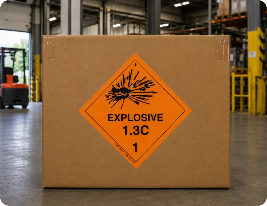 Carton with an orange EXPLOSIVE 1.3C Class 1 dangerous goods diamond label