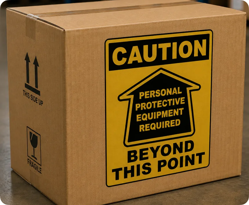 Carton with a yellow CAUTION sign reading Personal Protective Equipment Required Beyond This Point