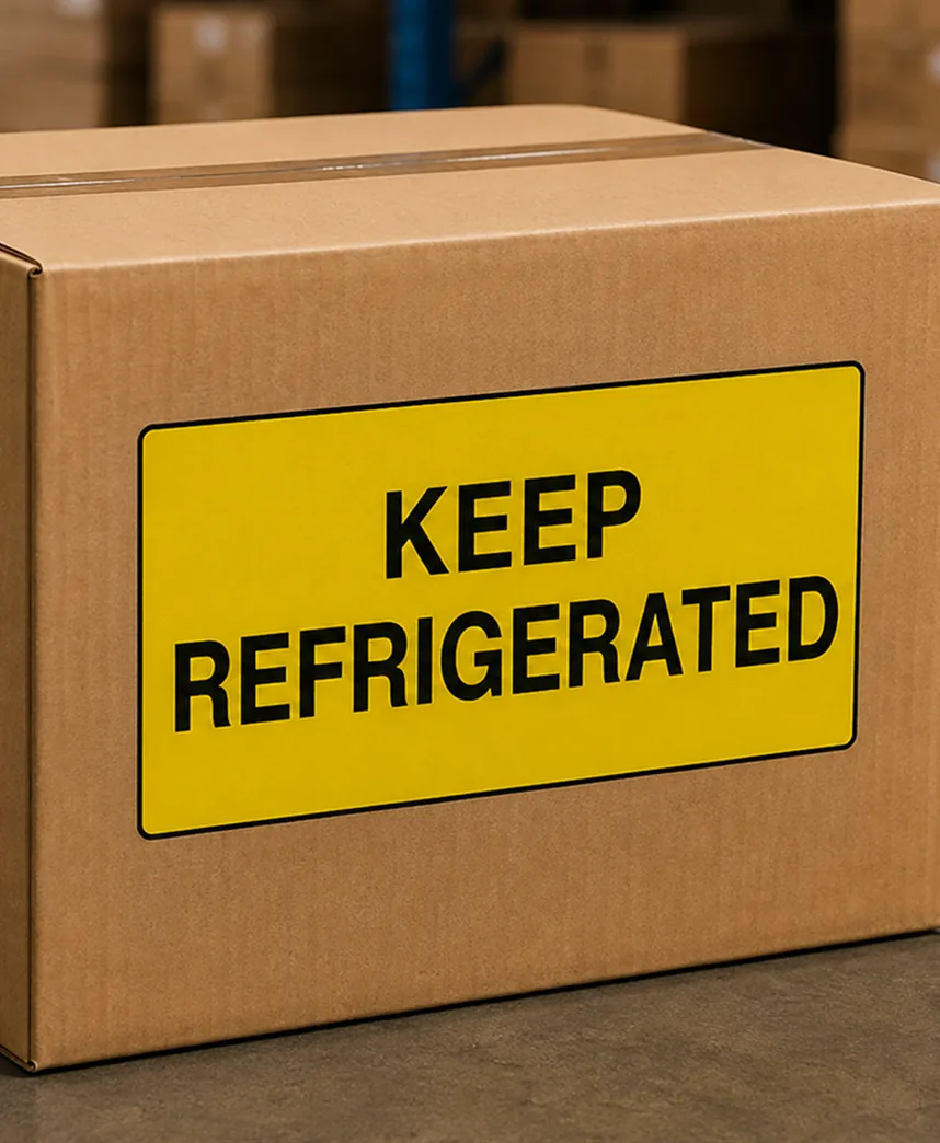 Carton with a large yellow KEEP REFRIGERATED label