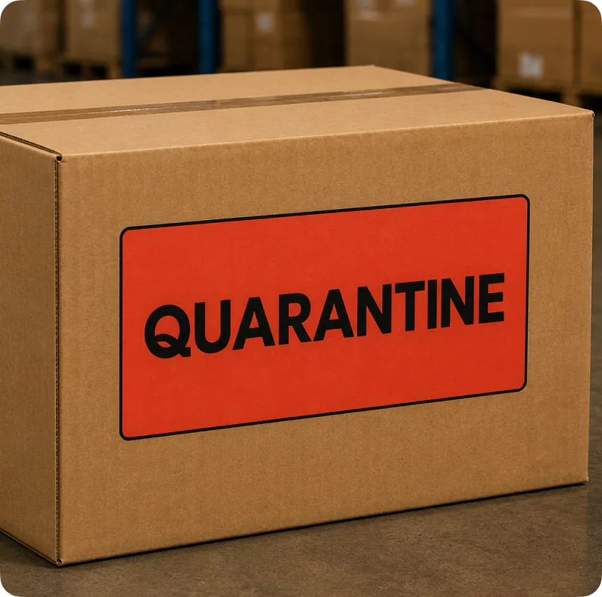 Carton with a large red QUARANTINE label
