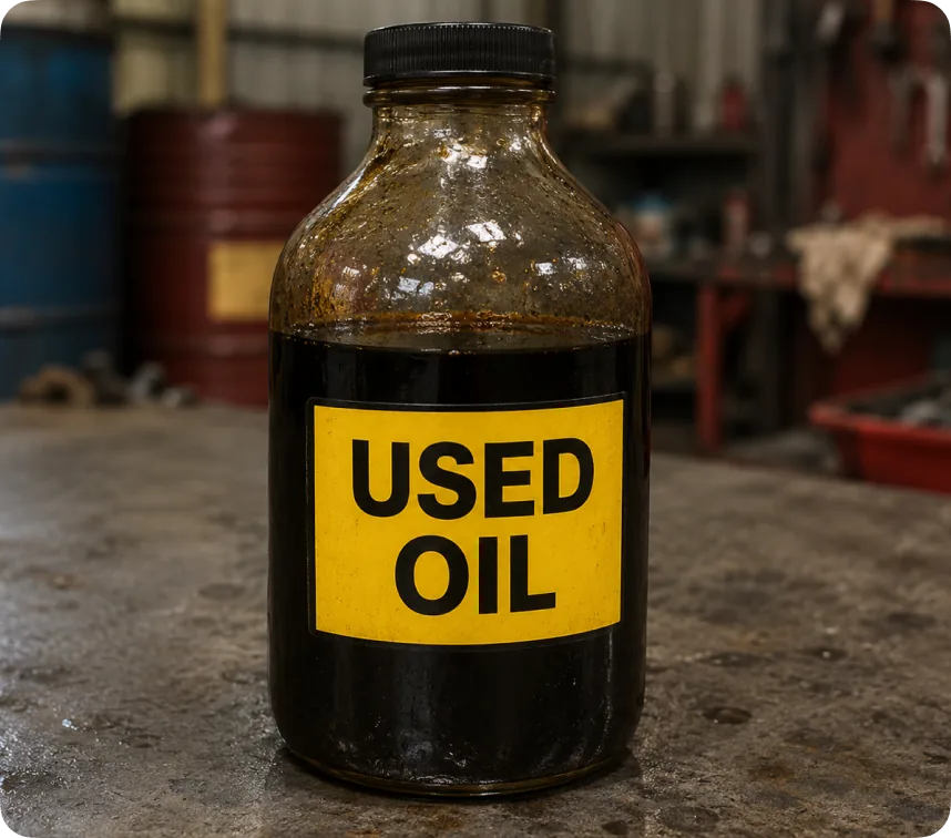 Glass bottle of dark used oil with a yellow USED OIL label in a warehouse