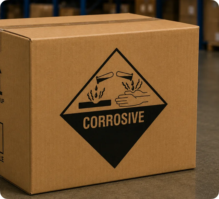 Carton with a black and white CORROSIVE Class 8 hazard diamond label