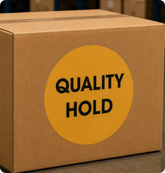 Carton with a round orange QUALITY HOLD label