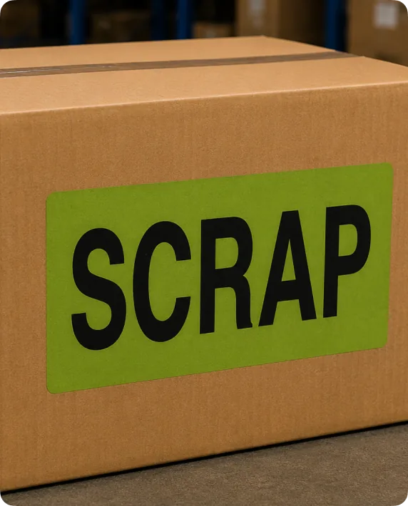 Carton with a bright green SCRAP label