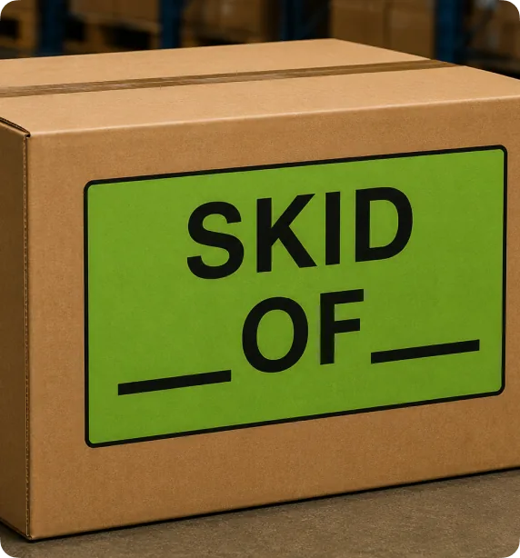Carton with a green SKID ___ OF ___ pallet sequence label