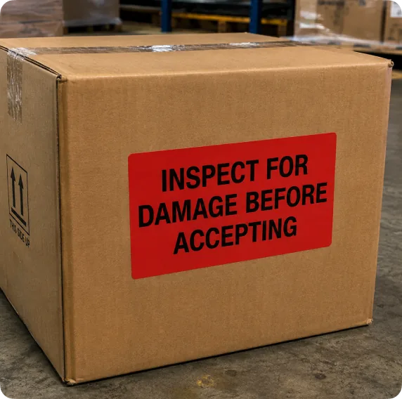 Carton with a red INSPECT FOR DAMAGE BEFORE ACCEPTING label