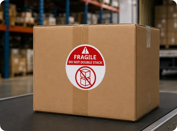 Carton with a round red FRAGILE DO NOT DOUBLE STACK label