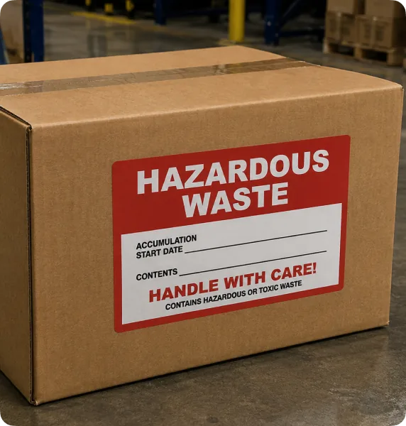 Carton with a red and white HAZARDOUS WASTE label showing accumulation start date and contents fields