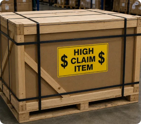Wooden crate on a pallet with a yellow HIGH CLAIM ITEM label