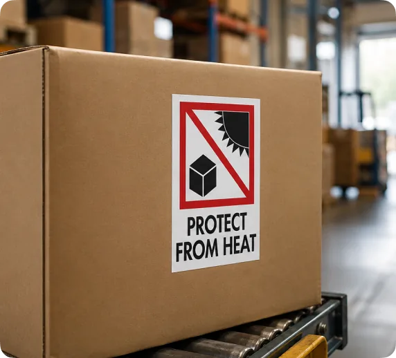 Carton on a conveyor with a red and white PROTECT FROM HEAT label